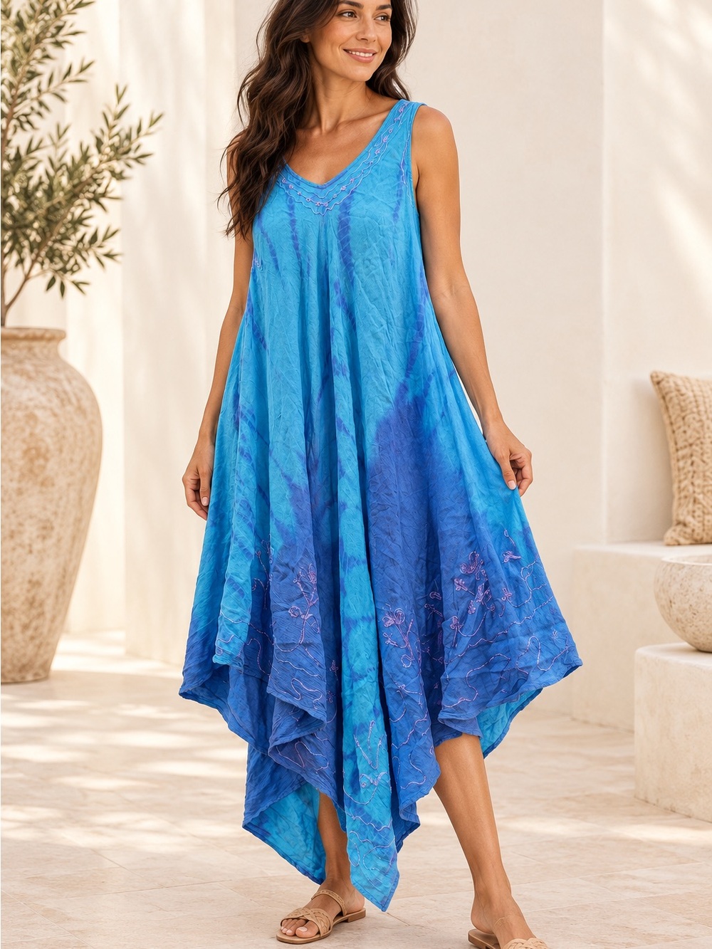 Creations Blue & Purple Handkerchief Hem Dress – Free Size